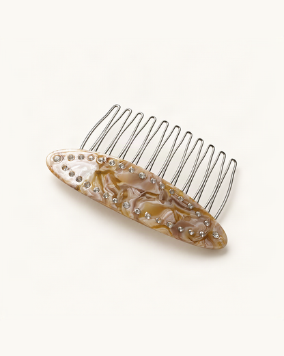 Cellulose Acetate Rhinestone Hair Comb — Chocolate Floral variant on warm ivory background [FITINY Hair]