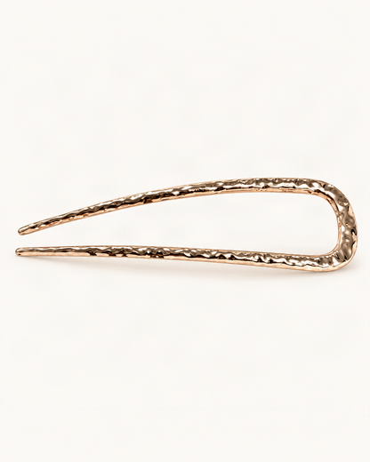 Metal U-Shaped Hair Fork with Decorative Top — Champagne / Hammered variant on warm ivory background [FITINY Hair]