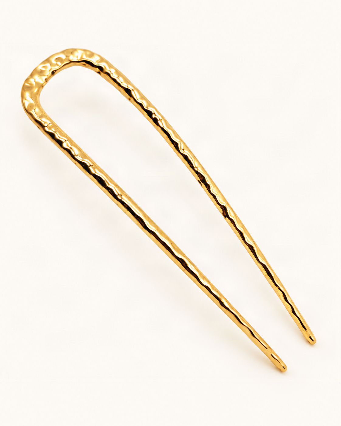 Metal U-Shaped Hair Fork with Decorative Top — Gold / Hammered variant on warm ivory background [FITINY Hair]