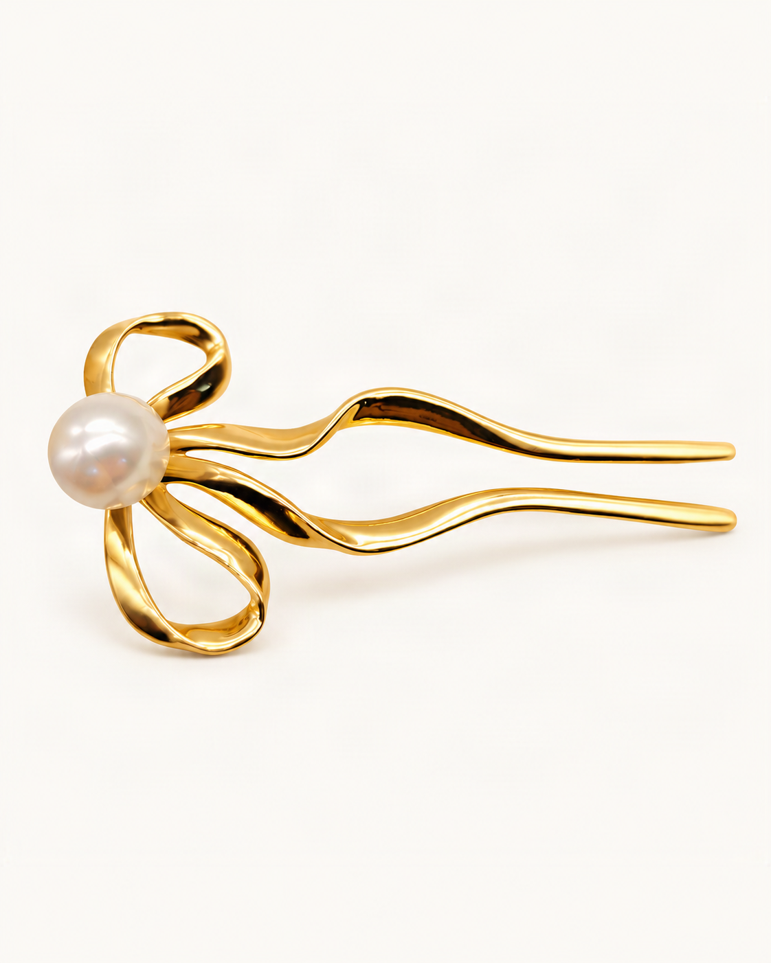 Metal U-Shaped Hair Fork with Decorative Top — Gold / Pearl Bow variant on warm ivory background [FITINY Hair]