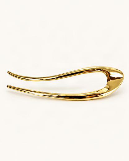 Metal U-Shaped Hair Fork with Decorative Top — Gold / Sculpted variant on warm ivory background [FITINY Hair]