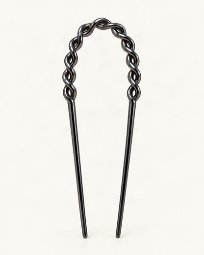 Metal U-Shaped Hair Fork with Decorative Top — Gunmetal / Beaded variant on warm ivory background [FITINY Hair]