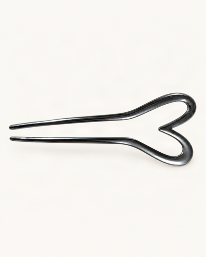 Metal U-Shaped Hair Fork with Decorative Top — Gunmetal / Heart variant on warm ivory background [FITINY Hair]