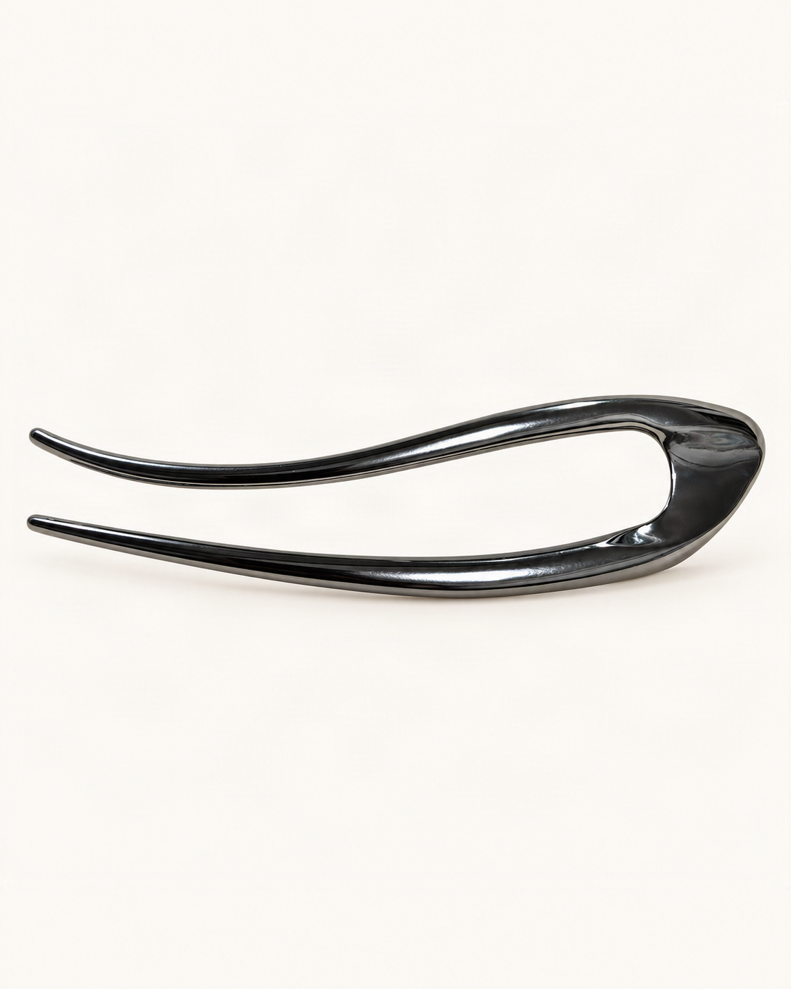 Metal U-Shaped Hair Fork with Decorative Top — Gunmetal / Sculpted variant on warm ivory background [FITINY Hair]