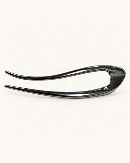 Metal U-Shaped Hair Fork with Decorative Top — Gunmetal / Sculpted variant on warm ivory background [FITINY Hair]