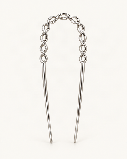 Metal U-Shaped Hair Fork with Decorative Top — Silver / Beaded variant on warm ivory background [FITINY Hair]