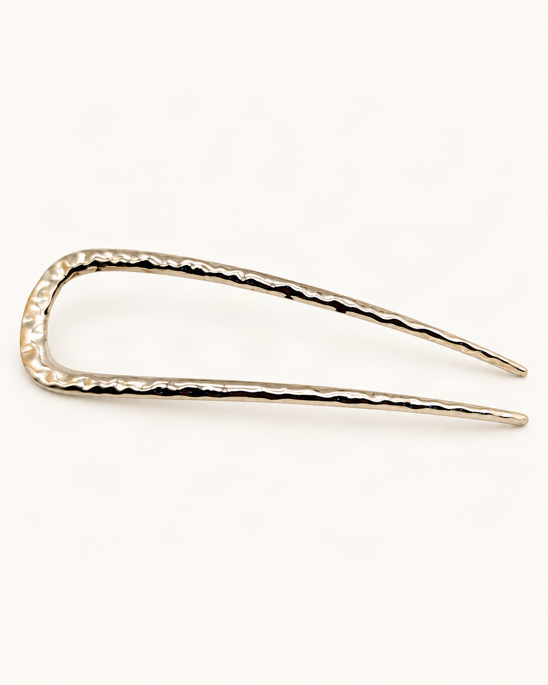 Metal U-Shaped Hair Fork with Decorative Top — Silver / Hammered variant on warm ivory background [FITINY Hair]