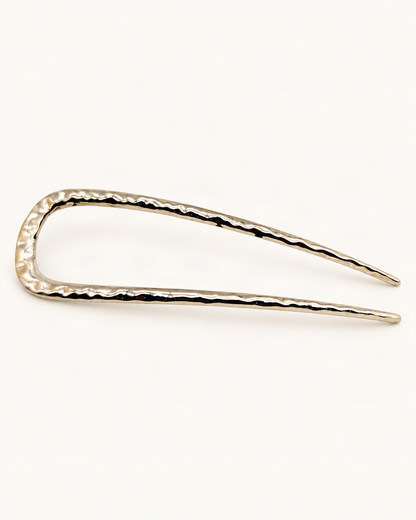 Metal U-Shaped Hair Fork with Decorative Top — Silver / Hammered variant on warm ivory background [FITINY Hair]
