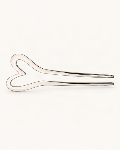 Metal U-Shaped Hair Fork with Decorative Top — Silver / Heart variant on warm ivory background [FITINY Hair]