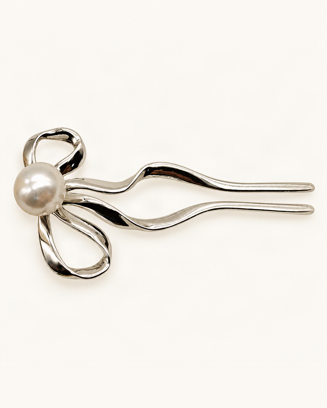 Metal U-Shaped Hair Fork with Decorative Top — Silver / Pearl Bow variant on warm ivory background [FITINY Hair]